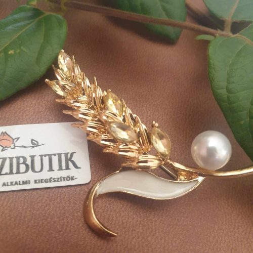 Arany színű búzakalász bross gyönggyel.