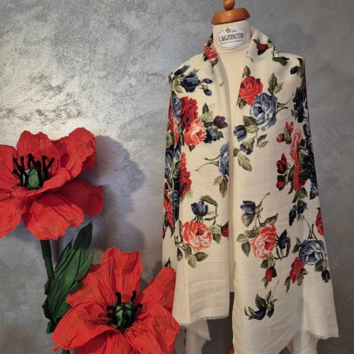 Bézs, rózsás stóla, kendő pamutból.