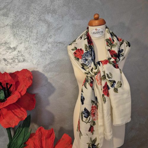 Bézs, rózsás stóla, kendő pamutból.