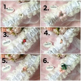   Fehér menyasszonyi combcsipke, harisnyakötő, többféle díszítéssel.