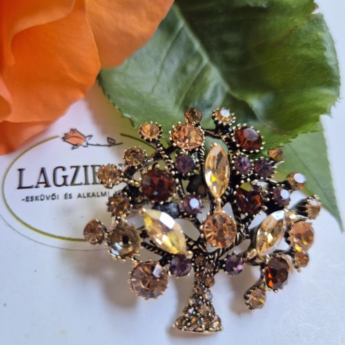 Életfa, családfa barna bross, kövekkel.