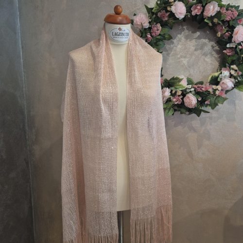 Ezüst vagy rózsaszín lurex alkalmi stóla rojtokkal.