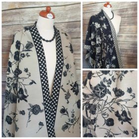   Alkalmi stóla, fekete-krémszínű, kétoldalas, virágmintás.