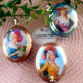   Ovális fém dobozka, szelence, gyógyszertartó, ékszertartó, női portréval.