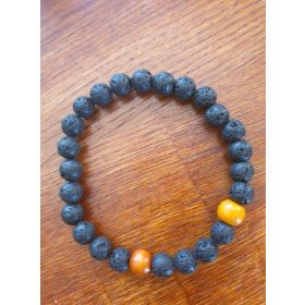 Fekete lávagyöngy karkötő  fa golyókkal.