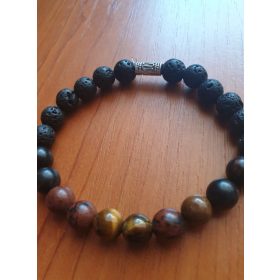 Férfi ásványkarkötő, láva-obszidián-tigrisszem.