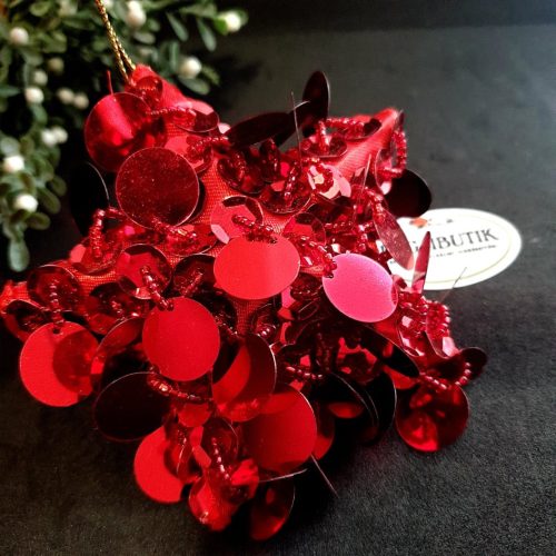 Piros flitteres csillag, karácsonyfa dísz.