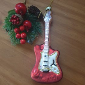   Piros, üveg-gitár karácsonyfadísz, függődísz, dekoráció.