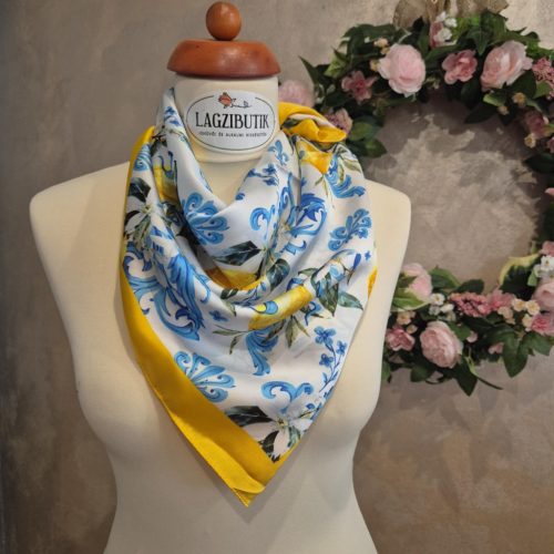 Kék-sárga, citrom mintás selyemkendő.