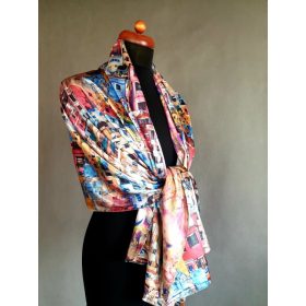   Színes szatén kendő, stóla, mediterrán város mintával.