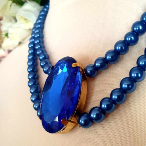 Királykék, duplasoros teklagyöngy ékszer-szett nagy kővel.