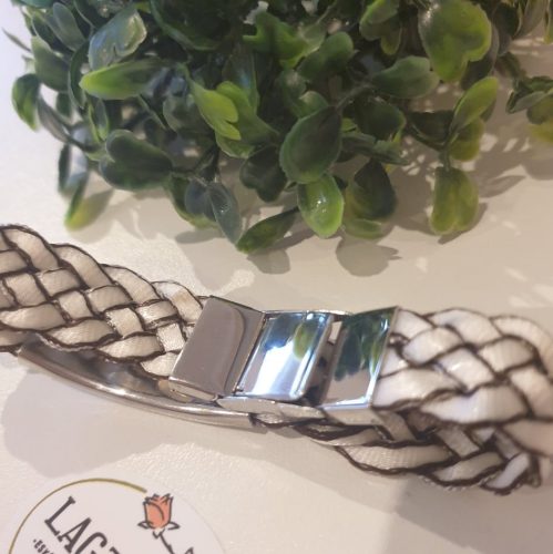 Férfikarkötő, krémszínű fonott pánt-rozsdamentes acél.