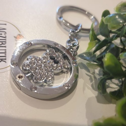 Kulcstartó, rozsdamentes acélból, forgatható, strasszos macival.