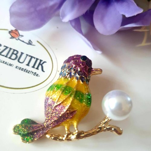 Madárka faágon bross, kitűző tűzzománccal.