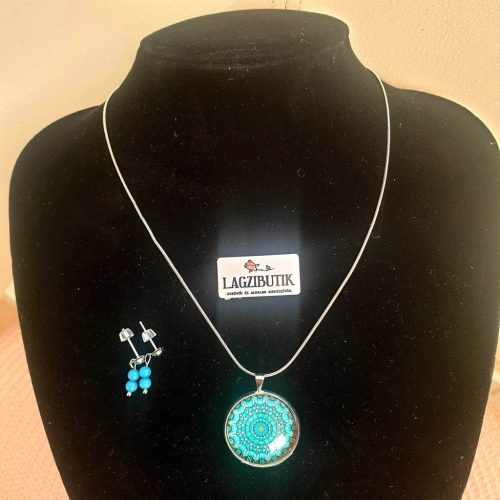 Mandala, türkizkék medálos nyaklánc-fülbevaló szett.