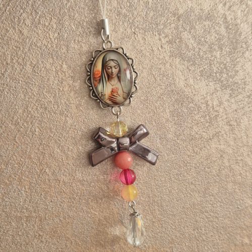 Mária medálos függődísz, kulcstartó ásványokkal.