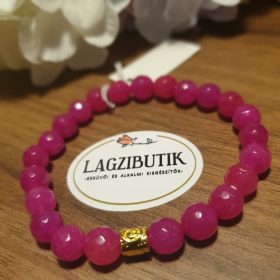   Élénk pink színű jáde ásványkarkötő, arany köztessel.