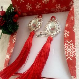   Piros selyembojtos karácsonyfa dísz-szett, függődísz, romantikus stílusban.