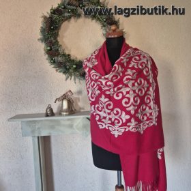 Élénkpiros, hímzett gyapjú stóla.