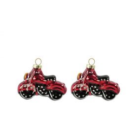 Piros üveg-motor karácsonyfadísz szett.