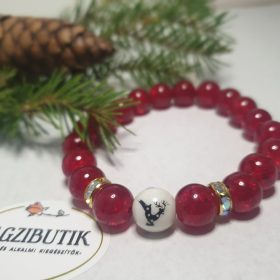   Tűzpiros üveggyöngy karkötő, szarvas köztessel, rondellákkal.