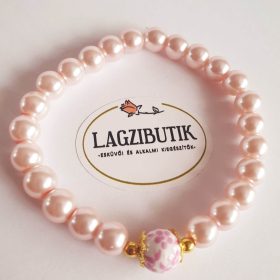   Púderrózsaszín teklagyöngy karkötő, porcelán, virágos köztessel.
