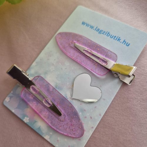 Rózsaszín hajcsat szett kis tükörrel, kártyán.