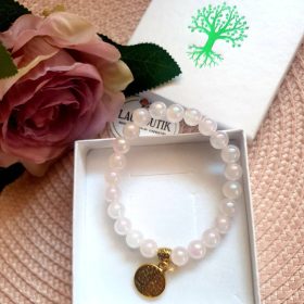   Rózsakvarc karkötő életfa medállal, angyal aura fénnyel.