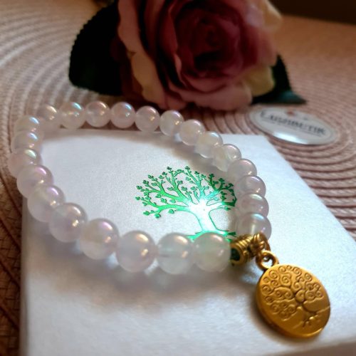 Rózsakvarc karkötő életfa medállal, angyal aura fénnyel.