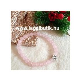 Rózsakvarc ásványkarkötő, hópehely fém köztessel.