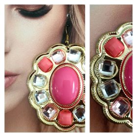 Rózsaszín, nagyméretű, köves fém fülbevaló.