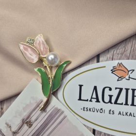 Rózsaszín tulipán bross, gyönggyel.
