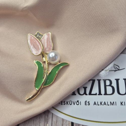 Rózsaszín tulipán bross, gyönggyel.