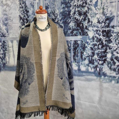 Vastag kékesszürke stóla, sál rózsa mintával.