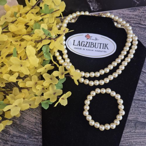 Sárga gyöngy, duplasoros nyaklánc-karkötő szett.