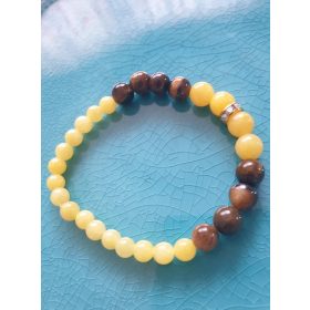 Sárga jáde ásványkarkötő, tigrisszemmel, rondellával.