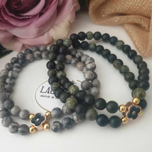 Duplasoros szerpentin ásványkarkötő, fekete zománcozott köztessel.