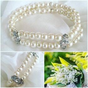   Törtfehér, kétsoros tekla gyöngykarkötő köves betétekkel.