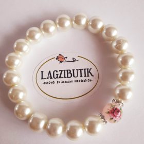   Törtfehér teklagyöngy karkötő, vintage rózsás üveggyönggyel, strasszokkal.