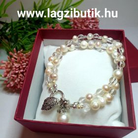   Törtfehér tenyésztett gyöngy-cseh kristály dupla karkötő, levél medállal.
