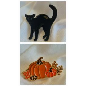 Halloween tök/fekete macska kitűző