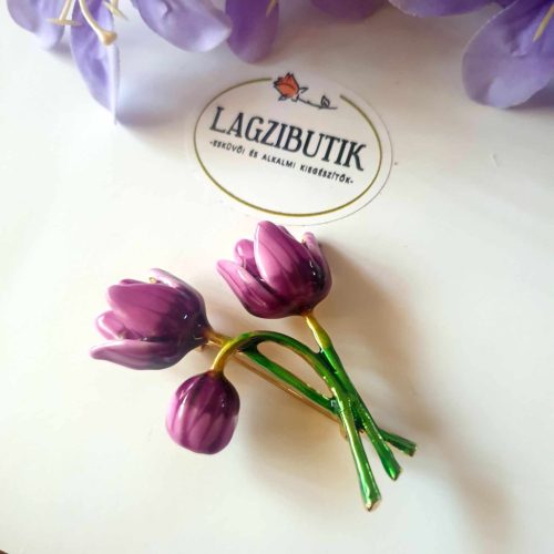 Tulipáncsokor, tűzzománc bross, kitűző.