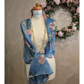 Türkiz vagy sötétkék, virágos nyári kendő, stóla.