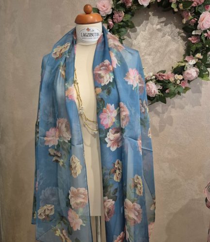 Türkiz vagy sötétkék, virágos nyári kendő, stóla.