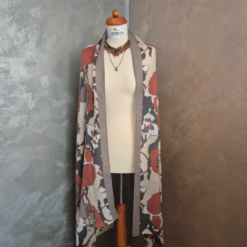  Virágmintás, bézs-barna plisszírozott stóla, vállkendő.