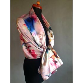 Szatén, kék-rózsaszín virágos kendő, stóla.