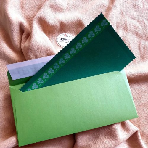 ,,Sok szerencsét" zöld díszboríték,  pénzátadó boríték, írható kártyával.