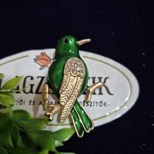 Zöld madár bross strasszokkal.