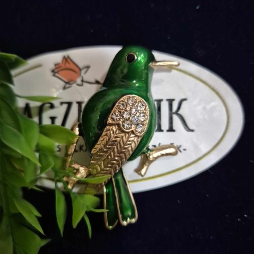 Zöld madár bross strasszokkal.
