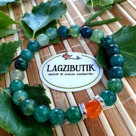   Zöld sárkányvér achát ásványkarkötő, narancs achát kockával.